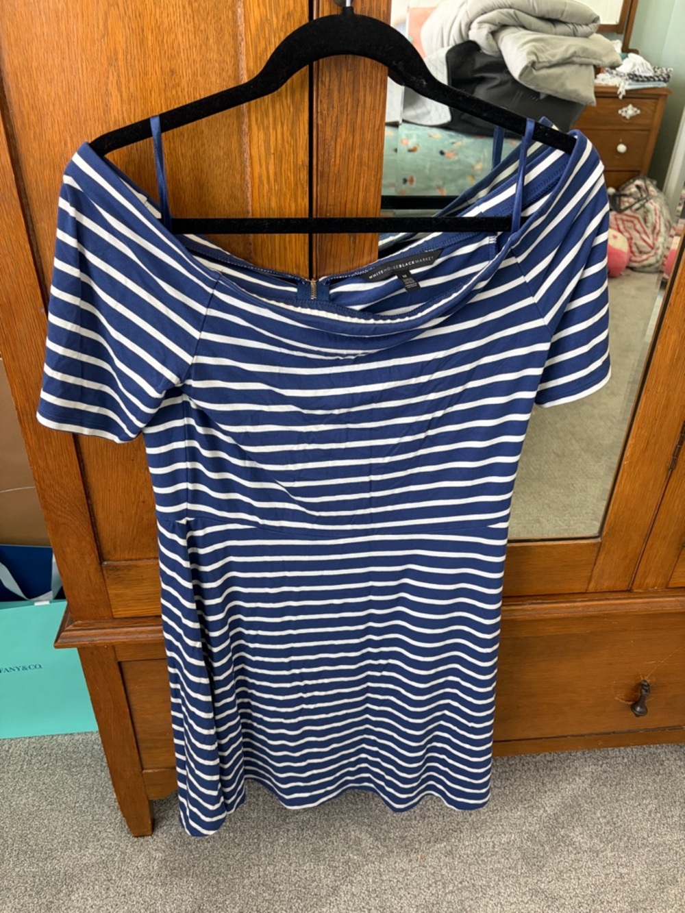White House Black Market Navy and White Striped A Line Dress